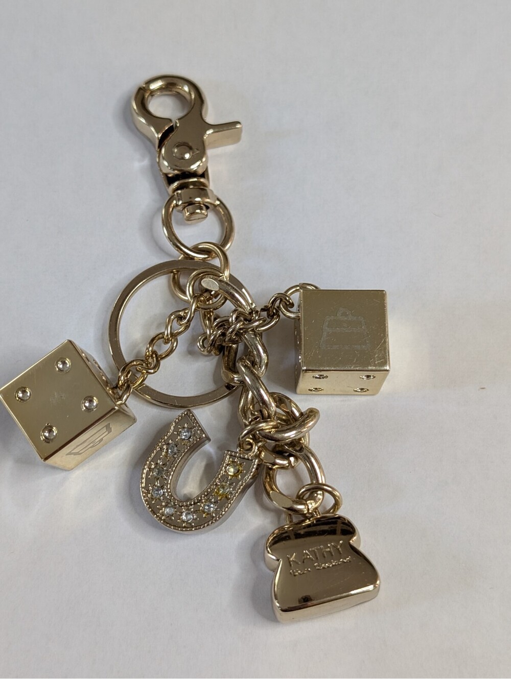 Kathy Van Zeeland Gold Tone Horseshoe & Dice Bag Charm Keychain Vintage